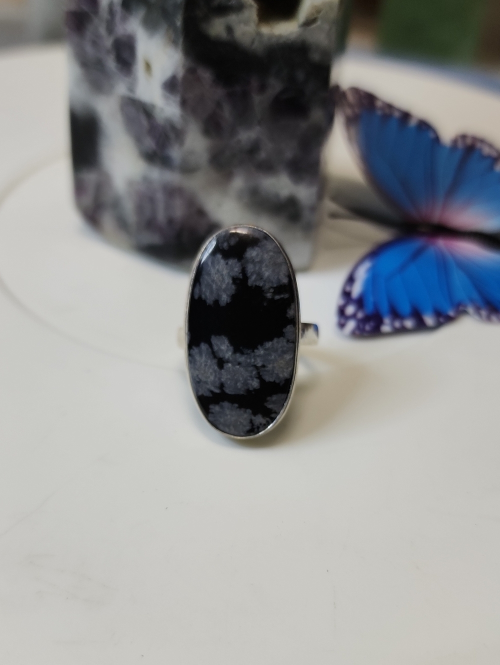 Snowflake Obsidian Oval Ring in Black and Gray